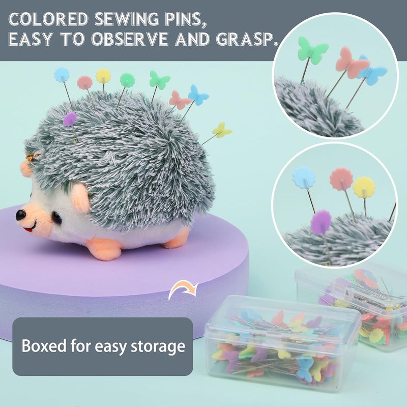 FTEVEN 200 Pieces Flat Head Straight Pins Hedgehog Pincushion Kit, Big Pincushion with Clear Storage Box and Quilting Pins, Colorful Head Straight Sewing Pins for Handicrafts DIY Sewing - Image 3